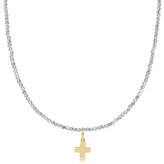 choker bright silver faceted hematite 2mm bead - signature cross gold charm